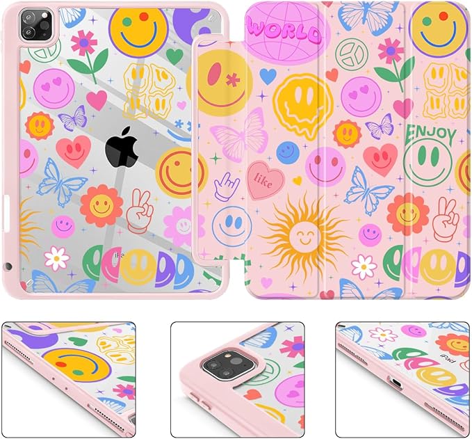 May Chen for iPad Pro 11 inch M2 4th Generation 2022 iPad Pro 11 3rd/2nd/1st Gen Built-in Pencil Holder with Shockproof Cover Clear Transparent Back Shell Auto Wake/Sleep Smile Pattern