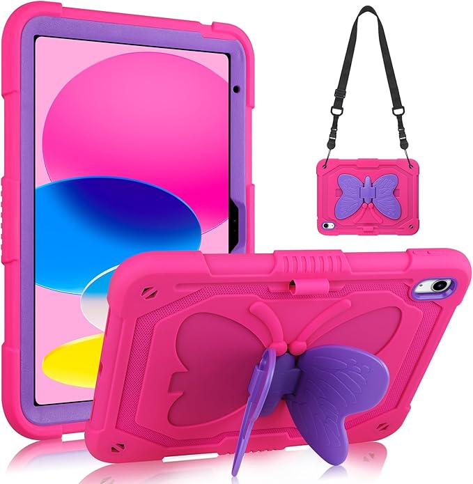 VOFUOE for iPad A16 Case 11th Generation 2025 11 Inch for iPad 10th Generation Case 2022 10.9 Inch for Kids Girls with Butterfly Stand Shoulder Strap Pencil Holder Hard Cover-Hot Pink &amp Purple Wi