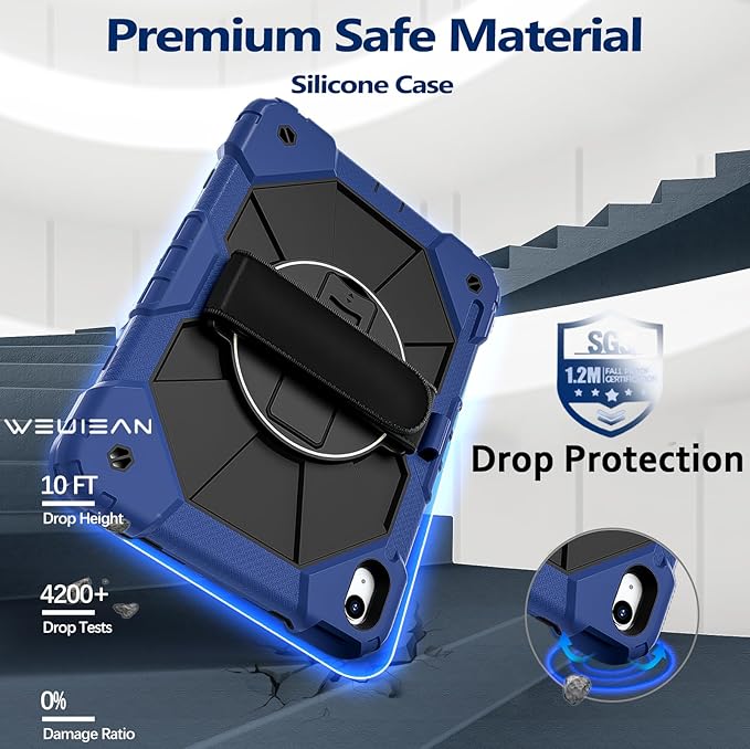 Weuiean Case for iPad A16 11th/10th Generation 11/10.9 Military-Grade Heavy-Duty Shockproof Cover with 360° Rotating Stand Built-in Pencil Holder &amp Adjustable Hand/Shoulder Strap - Black+Navyb