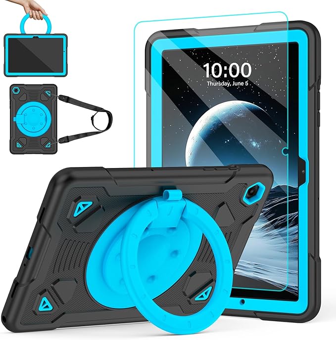 Case for Samsung Galaxy Tab A11+ Plus/ A9+ 11 inch 2025/2023 with Screen Protector 360°Rotating Stand &amp Shoulder Strap Pencil Holderfor Tab A11 Plus / A9 Plus Tablet Case Kids (Black+Blue)