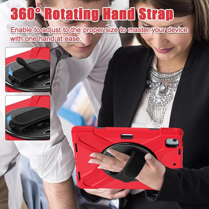 for iPad Air 13-inch M2 (2024) A2898/A2899 for iPad Pro 12.9 Rugged Case Portable Heavy Duty Shock-Proof Armor Cover with Swivel Kickstand/Hand Grip Shoulder Strap Pencil Holder (Red)