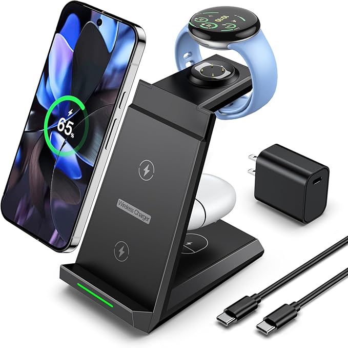 NANAMI Wireless Charger for Google - 3 in 1 Wireless Charging Station Fast Charger Stand Dock for Pixel 9/9 Pro XL/Fold/8/7Buds Pro 2/Pro Watch 3/2Fitbit Versa 4/Sense 2(Not for Pixel Watch 1/4)