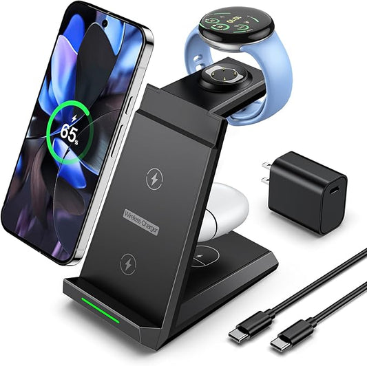 NANAMI Wireless Charger for Google - 3 in 1 Wireless Charging Station Fast Charger Stand Dock for Pixel 9/9 Pro XL/Fold/8/7Buds Pro 2/Pro Watch 3/2Fitbit Versa 4/Sense 2(Not for Pixel Watch 1/4)