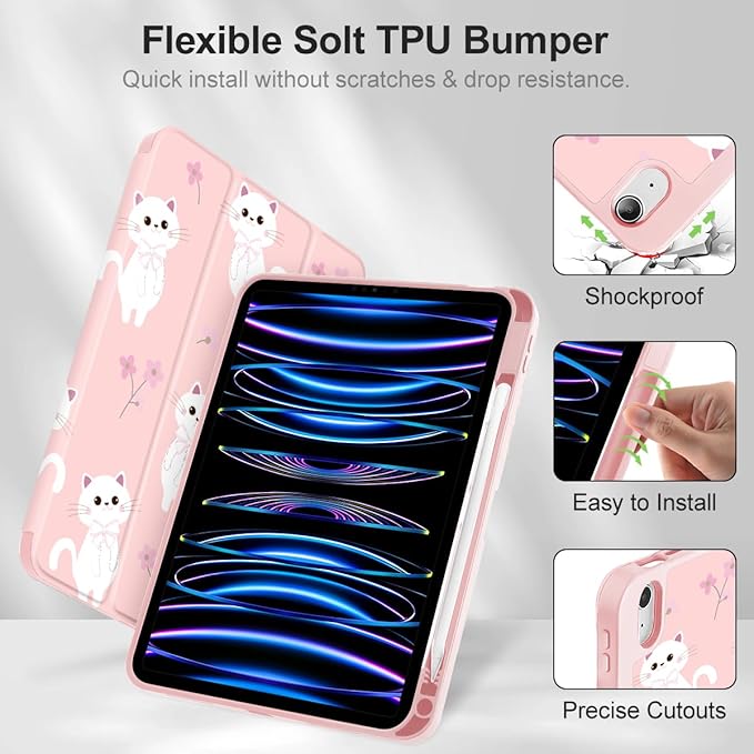 Tuiklol Case for iPad 10.2 Inch 2021 2020 2018 Release 9th / 8th / 7th Generation Built-in Pencil Holder TPU Protective Stand Back Cover Trifold Stand-Auto Wake/Sleep Cat-Pink