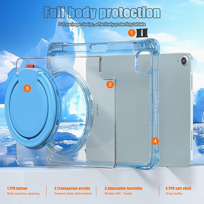 Shockproof Case for iPad Air 11'' (M4 2026/M3 2025/M2 2024)/ iPad Air 10.9'' Air 5th /4th Gen PC Clear Tablet Cases with Rotating Stand for Kids Light Blue