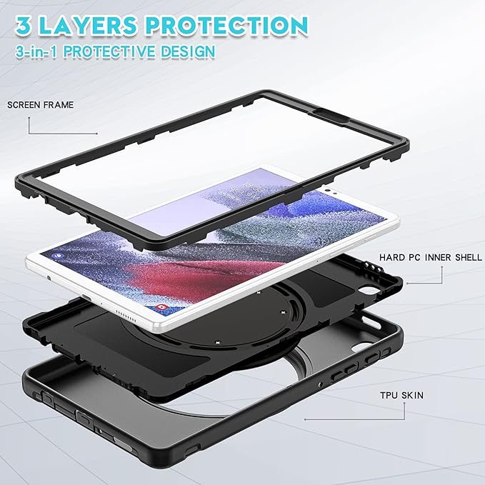 Shockproof Case for Samsung Galaxy Tab A7 Lite 8.7 Tablet Techcircle Rotating Stand Handle Heavy Duty Bumper Hybrid Cover Protective Case for Galaxy Tab A7 Lite (2021) SM-T220/T225 Black