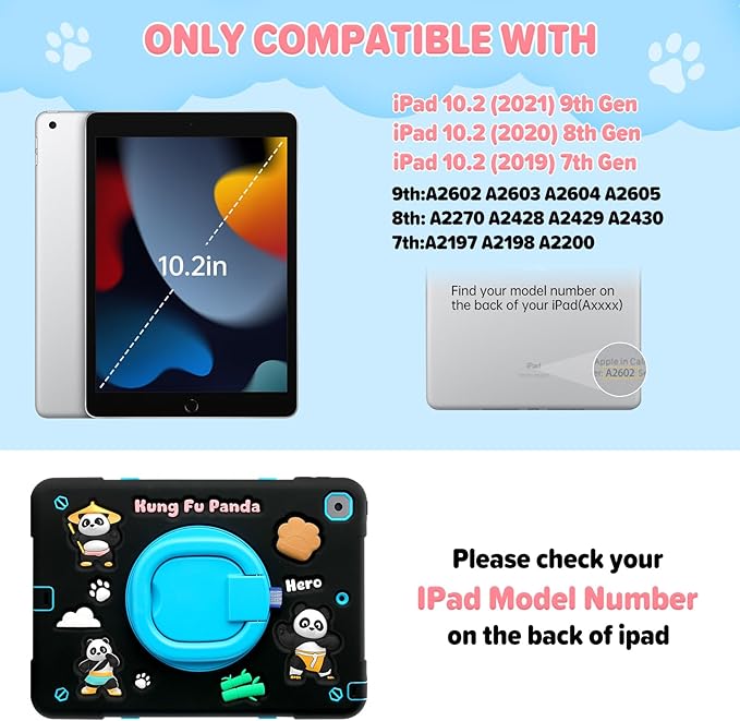 Case for iPad 9th/8th/7th GenerationCute 3D Cool Panda Warrior Design Cover with Screen Protector Rugged Protective Cartoon Case with Stand/Strap/Pen Slot for iPad 10.2 Kids Teens (Black+Blue)