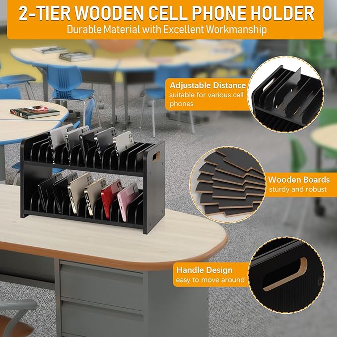 Cell Phone Storage Classroom Cell Phone Holder Adjustable Wooden Multiple Rack Caddy Organizer Box for Classroom Office Desktop with 1-30 Number Stickers (30-Grid) (Black)
