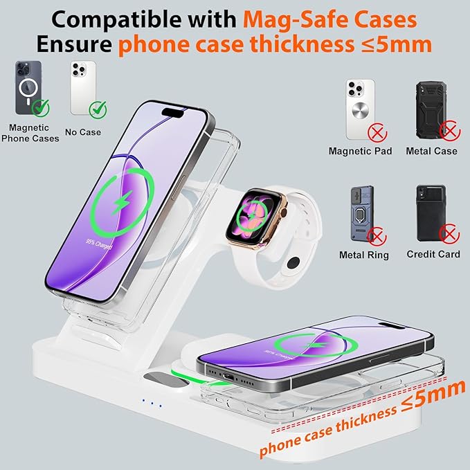 Dual Phone Magnetic Wireless Charging Station for Apple Devices/Apple Ecosystemwith Auto-Switch 7-Color Light &amp Clock Compatible with iPhone 17/16/15 for iWatch 11/10/9 &amp AirPods Pro3（White