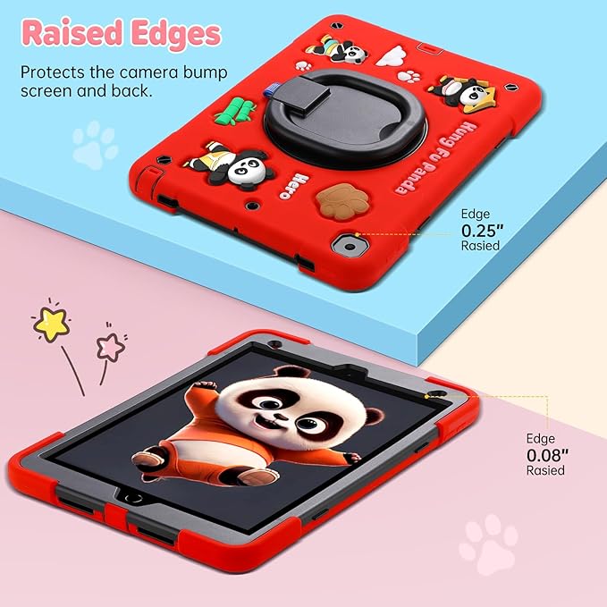 Case for iPad 9th/8th/7th GenerationCute 3D Cool Panda Warrior Design Cover with Screen Protector Rugged Protective Cartoon Case with Stand/Strap/Pen Slot for iPad 10.2 Kids Teens (Red+Black)