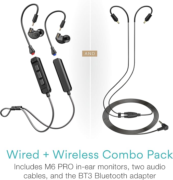 MEE audio M6 PRO Musicians' In-Ear Monitors Wired + Wireless Combo Pack: Includes IEMs 2 Audio Cables and BT3 Hi-Res Bluetooth Audio Adapter w/aptX LDAC Auracast Support &amp Built-In Headset (Bl