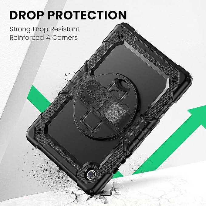 SEYMAC for Samsung Galaxy Tab A8 Case 10.5 Inch (SM-X200/ X205/ X207) Heavy Duty Full-Body Shockproof Protective Case with Screen Protector Rotating Stand Hand/Shoulder Strap and Pen Holder Black