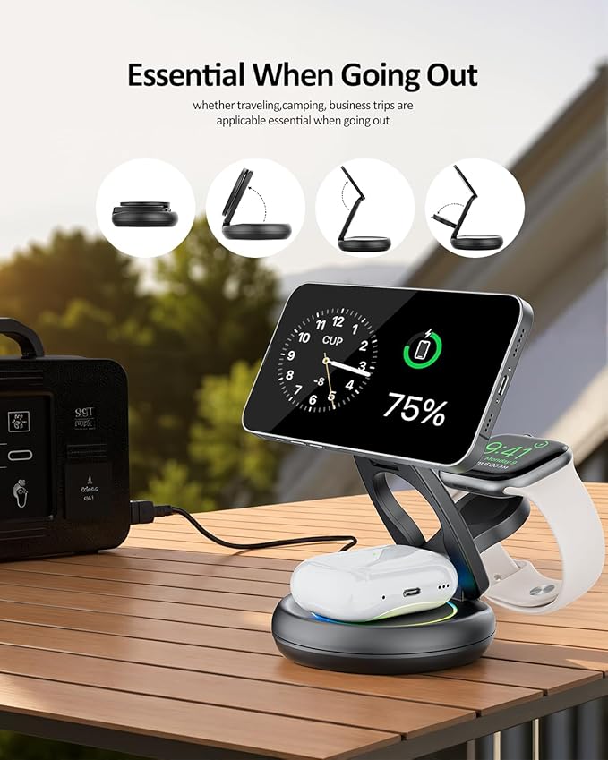 Wireless Cell Phone Charger Station 3 in 1 Magnetic Wireless Fast Charger Dock Stand for iPhone 16/15/14/13/12 Apple Watch and AirPods Pro 15W USB-C iPhone Wireless Charger Gray（20W Adapter）