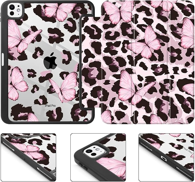 Mektron Case for M5/ M4 iPad Pro 11 inch 2025/2024 with Pencil Holder Compatible Models: A3357/A3358/A3359/A2836/A2837/A3006 Shockproof Cover Clear Shell Leopard Pink Butterfly