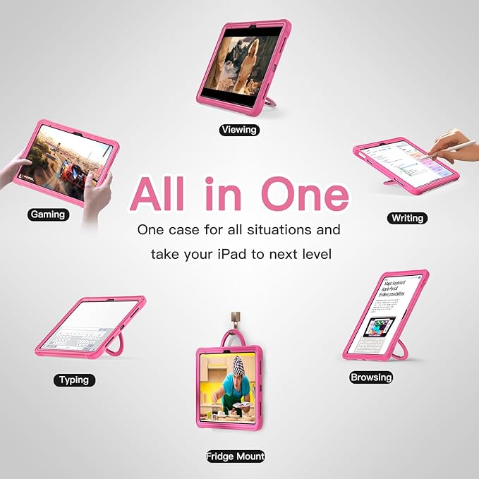 BATYUE Case for iPad (A16) 11th/10th Gen 11''/10.9'' 2025/2022 | Matte Frosted Shockproof Protective Cover with 360° Rotating &amp 180° Folding Stand Shoulder Strap &amp Pencil Holder | Rose Pink