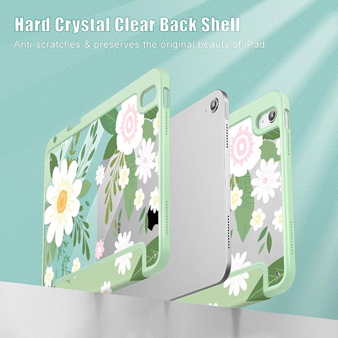 Tuiklol Case for iPad Air 11 Inch (M3 2025/M2 2024) / iPad Air 10.9 Inch 2022 2020 Air 5th /4th Gen Buit in Pencil Holder with Shockproof Cover Clear Transparent Back Auto Wake/Sleep Flowers Green