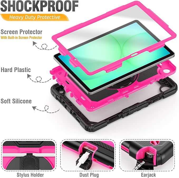 HXCASEAC Case for Samsung Galaxy Tab A11+ Plus Kids 11 Inch Protective with Screen Protector/Hand Strap/Pen Holder Sturdy Shockproof for Samsung A11 Plus Tablet Case Cute for Girls - Rose