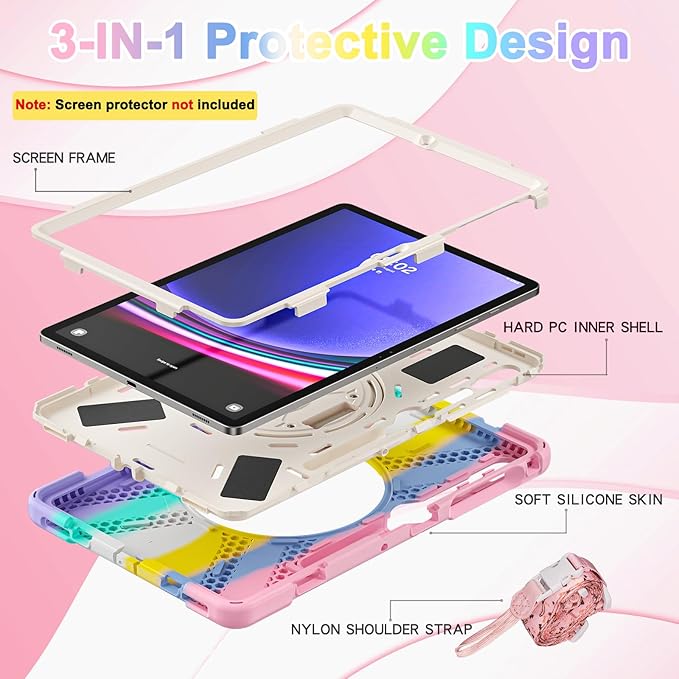 BRAECN for Samsung Galaxy Tab S10+ Plus/S9+/S9 FE + /S8+ Plus/S7 +Plus /S7 FE 12.4 InchHeavy Duty Shockproof Case with S Pen Holder&amp360 Rotating Hand Strap/Kickstand/Shoulder Strap -Rainbow