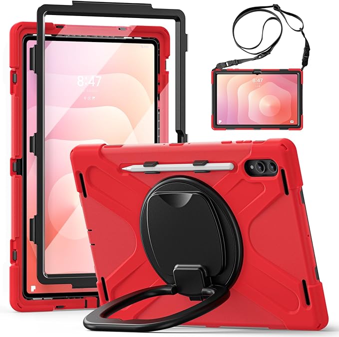 for Galaxy Tab S11 Ultra Rotating Case 14.6inch Heavy Duty Hybrid Rugged Case with S Pen Holder Shockproof Kids Cover with 360 Rotation Stand/Shoulder Strap (Red)