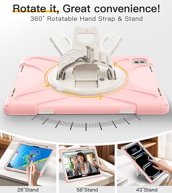 BRAECN for iPad Pro 13 inch Case M5 2025 &amp M4 2024 Heavy Duty Shockproof Protective with Pencil Holder Screen Protector 360°Rotating Stand Handle &amp Shoulder Strap Full Body Cover Kids Friendly