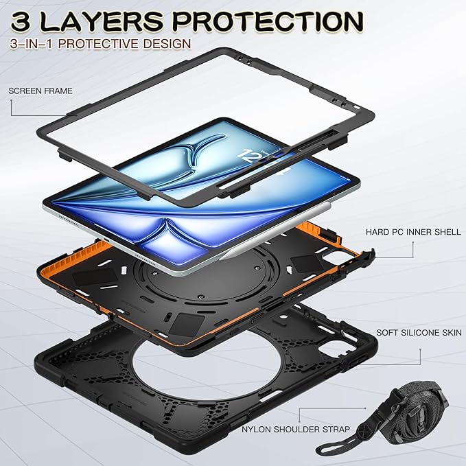 MEEgoodo Case for iPad Air 13 inch 2025 (M3) /2024 (M2) &amp iPad Pro 12.9 Case 6th/5th/4th/3rd Generation 2022 2021 2020 2018 Tablet Cover with Pencil Holder/Rotating Stand/Shoulder Strap Black