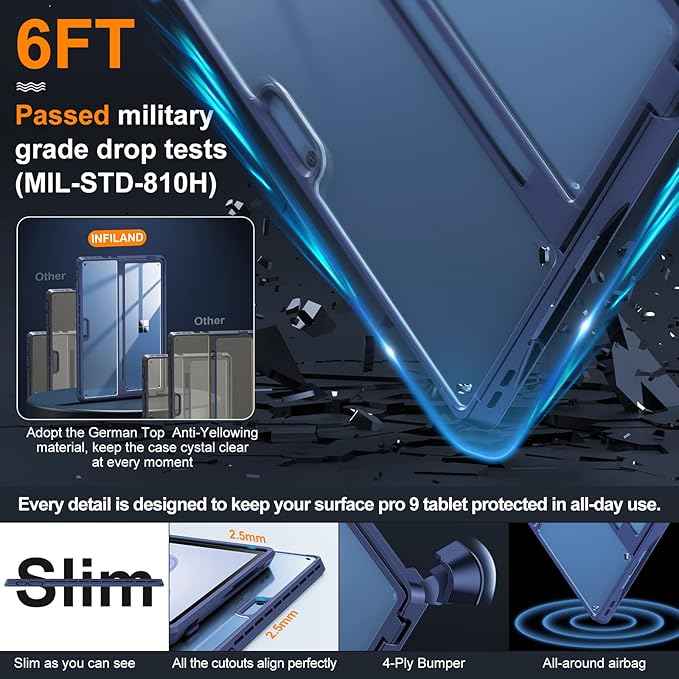 INFILAND Case Crystal Clear Multi-Angle Shockproof for Microsoft Surface Pro 9/10 Compatible with Surface Pro Signature Keyboard &amp Slim Pen 2 Blue