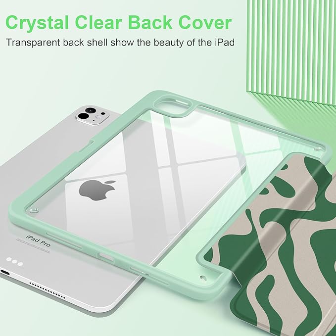 TWOLSKOO Case for iPad Pro 11-inch (M5 2025 / M4 2024) Clear Acrylic Back with TPU Bumper Pencil Holder Trifold Stand Auto Sleep/Wake Green Waves