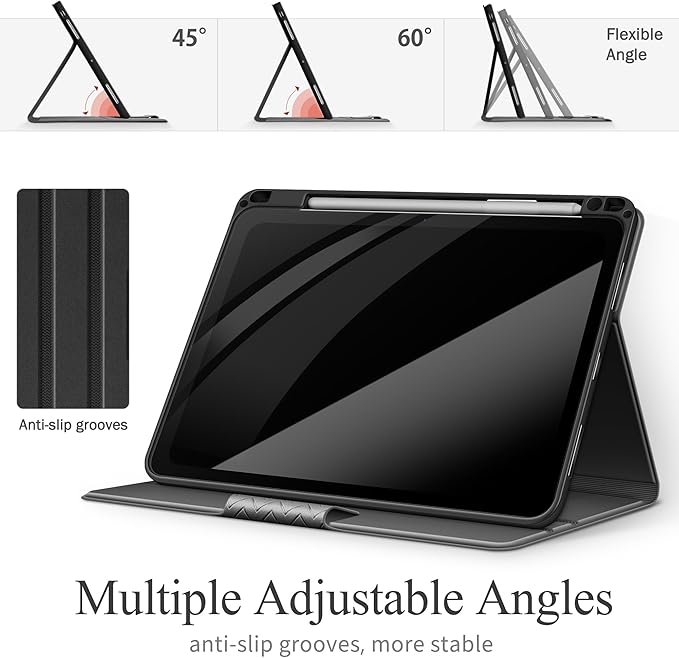 auaua Case for iPad Pro 11 Inch (M5/M4) 2025/2024 PU Leather Case with Pencil Holder Supports Pencil Pro and Pencil(USB-C) Adjustable Angles Auto Sleep/Wake (Grey)