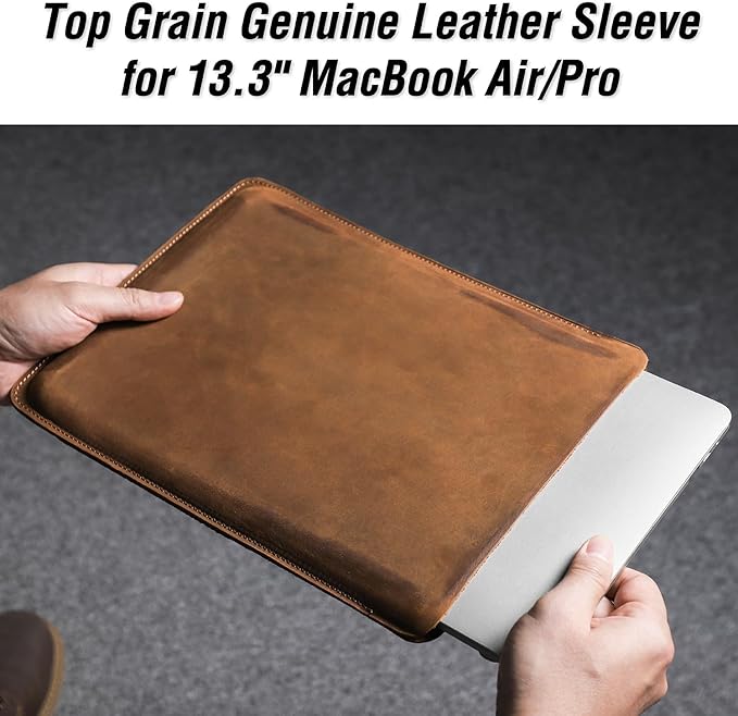 Top Grain Leather 13.3 Slim Laptop Sleeve Case Solid Minimalist Vintage Design Handmade Compatible with MacBook Pro 13.3 MacBook Air M1/M2 DELL XPS 13 &amp Other PC Brown 13.3 Inch