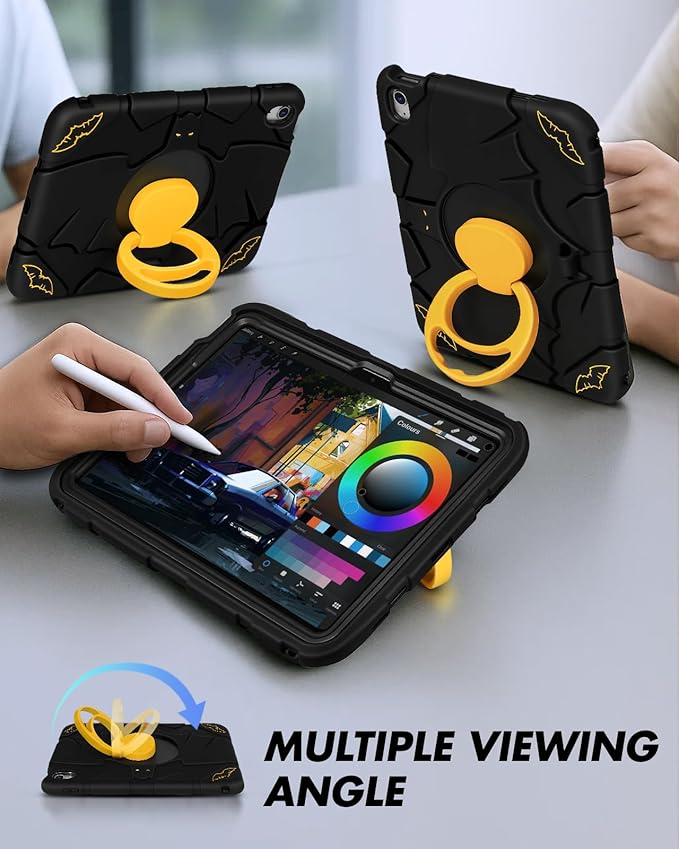 for iPad 10th Generation Case 10.9 Inch for iPad A16 Case 11th Generation - Boys Men Cute Cartoon Black Heavy Duty Shockproof Rugged Protective Cover with Rotating Stand &amp Strap &amp Pen Holder