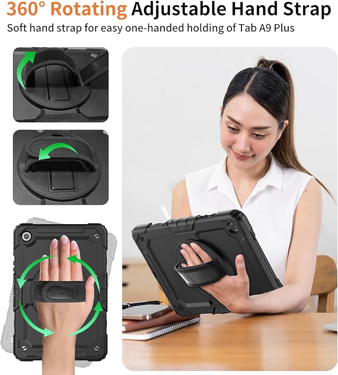 DUNNO Case for Samsung Galaxy Tab A9+ Plus 11 Inch 2023 Shockproof Case with Screen Protector 360° Rotating Stand Hand &amp Shoulder Strap for Galaxy Tab A9 Plus Tablet (Black)