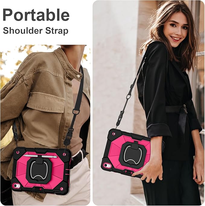 Case for iPad (A16) 11th Generation 11 Inch (2025) / iPad 10th Generation Case 10.9 Inch (2022) with 360° Rotating Stand Screen Protector Pen Holder Shoulder Strap Black Pink