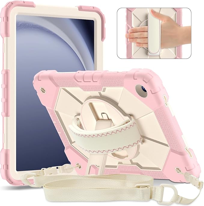 Case for Samsung Galaxy Tab A11+ 11 Inch 2025 (X230/X236B)/A9 Plus(X210/X216/X218) Heavy Duty Shockproof Rugged 360 Rotating Hand Strap Protective Case for Tab A11 Plus Rose Gold+Cream Stone
