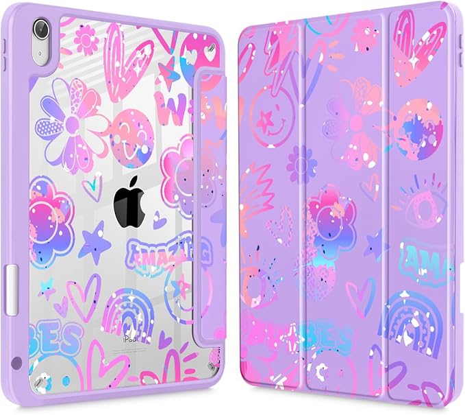 Tuiklol Case for iPad 11 inch (A16 Chip) 2025 Gen 11th / iPad 10.9 inch 2022 10th Gen Buit in Pencil Holder with Shockproof Cover Clear Transparent Back Shell Auto Wake/SleepFun Emotions Purple