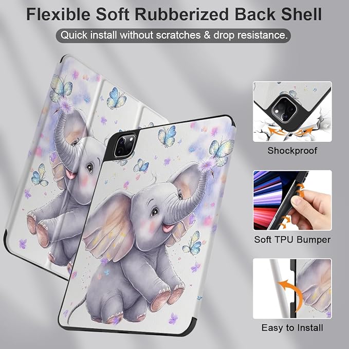 DONGKE Case for 2022/2021/2020/2018 iPad Pro 11 inch Gen 4/3/2/1 - Slim Protective Case - Built in Pencil Holder Support Charging - Trifold Stand &amp Sleep/Wake Cover - Elephant &amp Butterflies