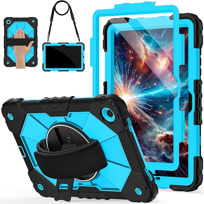 for Samsung Galaxy Tab A11 Plus/A11+ Case 2025 11 Inch Galaxy Tab A9+ Case 2023 Rugged Samsung A11+ Tablet Cover with 360 Rotating Stand Hand Strap Shoulder Strap Screen Protector BlackBlue