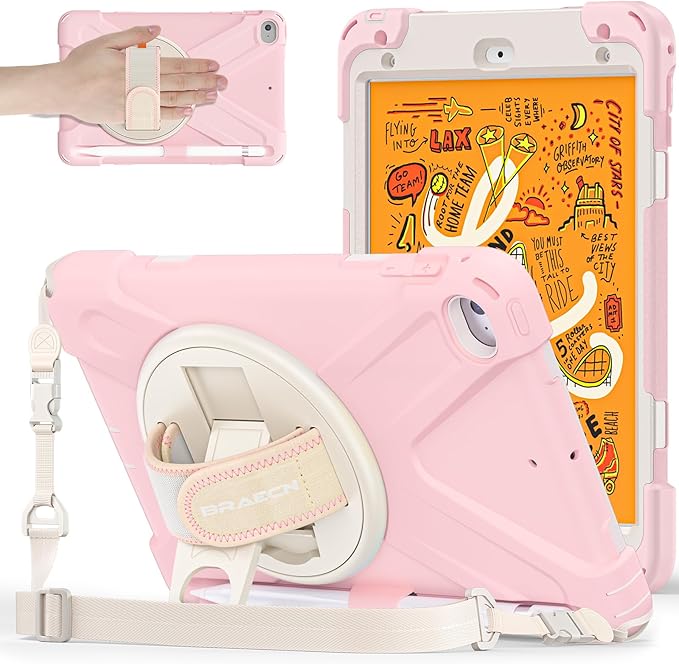 BRAECNstock Kids Case for Apple iPad mini 5/4 7.9 2019/2015 Shockproof Protective with Pencil Holder Rotating Stand &amp Hand StrapShoulder Strap Case for iPad mini 5th/4th Gen Sakura Pink