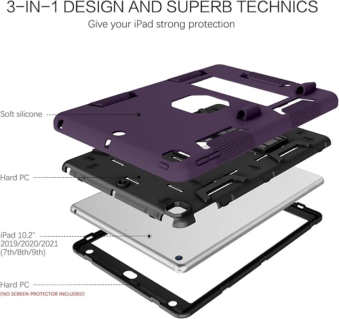BENTOBEN for iPad 9th Generation Case iPad 8th Generation Case iPad 7th Gen Case iPad 10.2 2021/2020/2019 Case 3 in 1 Heavy Duty Rugged Protective Cover with Stand Pen Holder Deep Purple