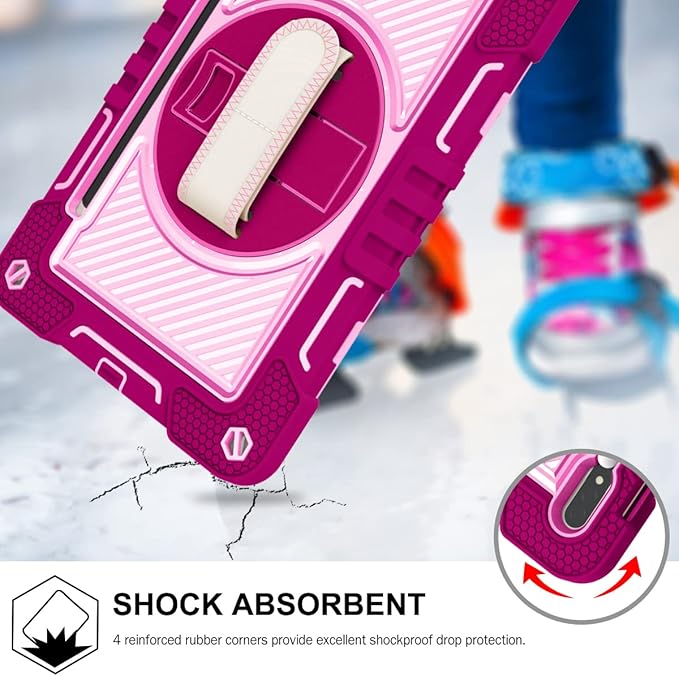 Shockproof Case for Samsung Galaxy Tab S8+/S7+/S7 FE 12.4 Tablet with Shoulder Strap Techcircle Heavy Duty Rotating Kickstand Rugged Defender Protective Case with Adjustable Hand Strap Rose+Pink
