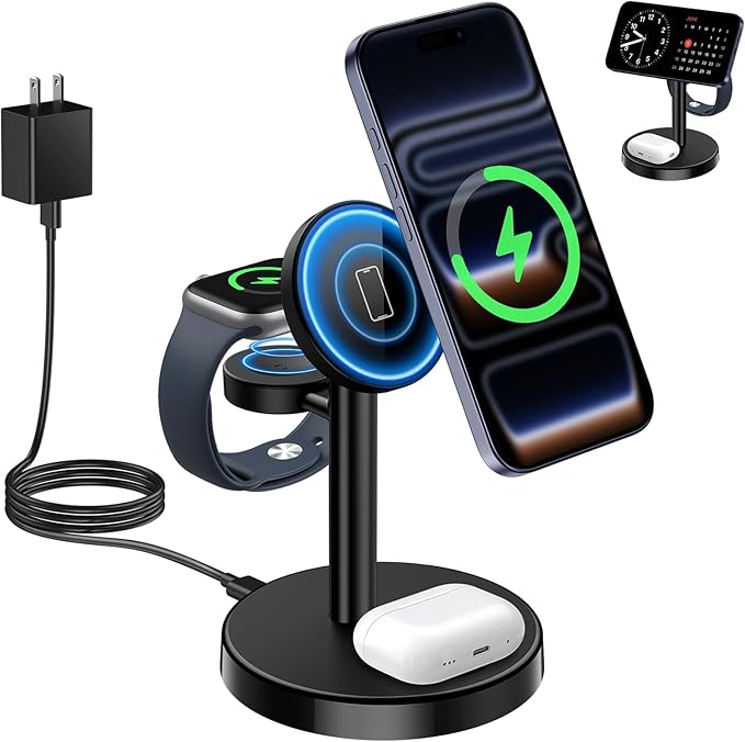 2026 3 in 1 Wireless Charging Station Compatible with MagSafe Charger Stand 15W Fast Magnetic Mag-Safe Charger for iPhone 17 16 15 14 13 12 Series Apple iWatch AirPods Pro 4 3 2 Black