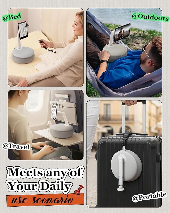 SAIJI Magnetic Cell Phone Stand for Bed-Mini Kindle Pillow Holder with Dual Axis ArmPhone Holder with 2 Magnetic Sheets for Watching Video On Bed/Sofa/LapFit for 4-8.3 Device (Gray)