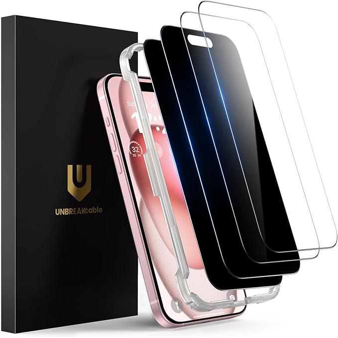UNBREAKcable 4PCS Screen Protector for iPhone 15 Plus - 2 Privacy Tempered Glass+ 2 Clear Glass Double Shatterproof [Installation Frame] [9H Hardness] [Case Friendly] Anti-Scratch iPhone 6.7 inch