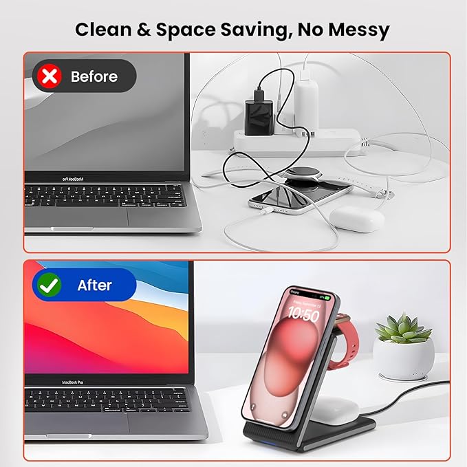 GEEKERA 3 in 1 Magnetic Wireless Charging Station for Fitbit Watch Foldable Wireless Charger Stand for iPhone 16/15/14/13/12 Pro Max Fitbit Watch Versa 4/Versa 3/Sense 2/Sense AirPods 3/2/Pro
