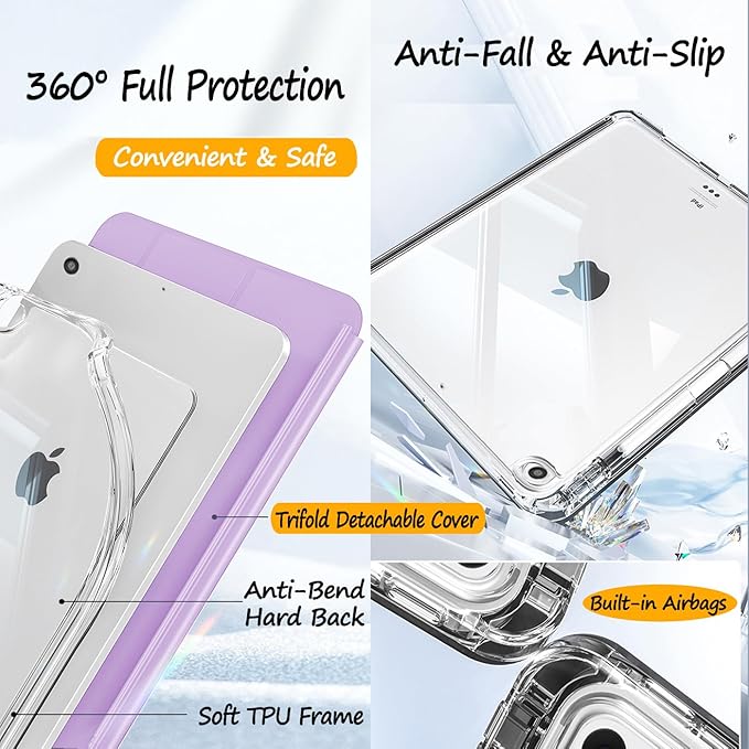 Case for iPad 9th/8th/7th Generation 2021/2020/2019 (10.2 inch) Case with Pencil Holder Slide Detachable Magnetic Trifold Stand Shockproof Slim Cute Clear Back Protective Cover (Violet)