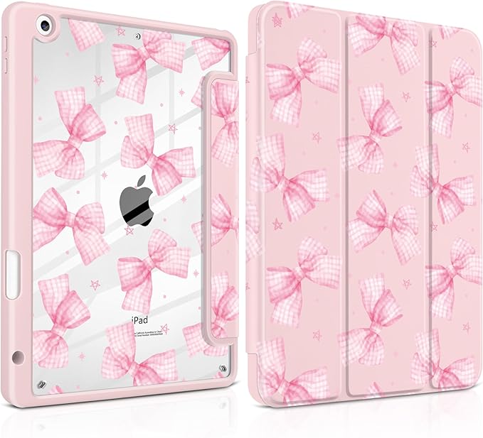 DONGKE for iPad 9th/8th/7th Generation Case 10.2 Inch (2021/2020/2019) [Auto Sleep/Wake &amp Pencil Holder] Clear Acrylic Back Trifold Stand Cover Gingham Bows