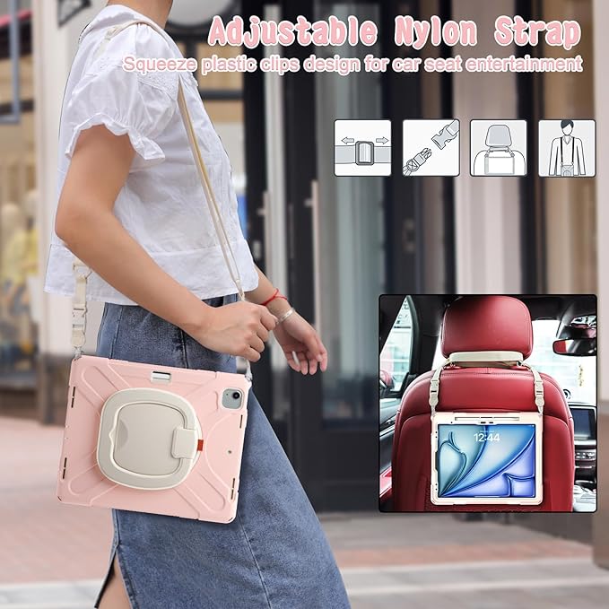 MEEgoodo Case for iPad Air 13 inch 2025 (M3) /2024 (M2) &amp iPad Pro 12.9 Case 6th/5th/4th/3rd Generation 2022 2021 2020 2018 Tablet Cover with Pencil Holder/Rotating Stand/Shoulder Strap Rose Gol