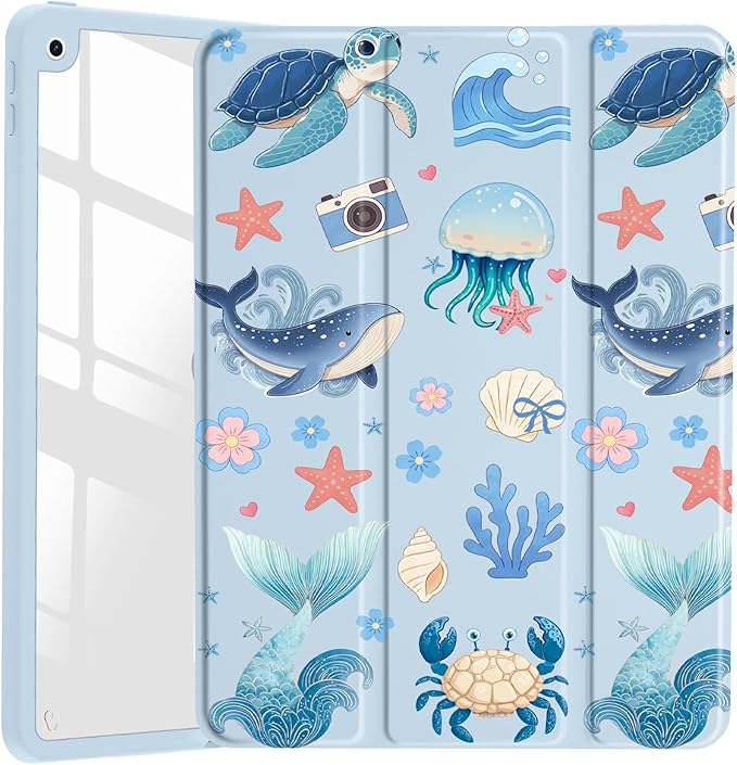 Cartoon Sea Turtle for iPad Pro 13-inch (M4) 2024 Kawaii Animal Clear Hard Back Hybrid Casewith Pencil Holder Trifold Stand Tablet Cover (Model Number:A2925/A2926/A3007) for Women