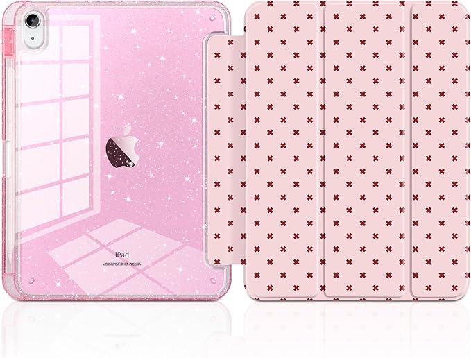 DONGKE for iPad Pro 11 inch Case – Fits M5 2025 / M4 2024 Shockproof Sparkling Glitter Acrylic Back Pencil Holder Trifold Stand Auto Sleep/Wake &amp Touch ID Support - Pink Cross Dot