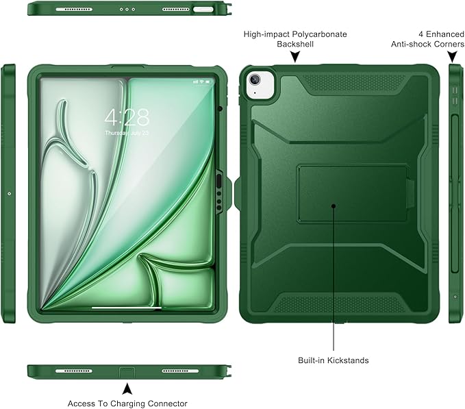 Soke Case for iPad Air 13-Inch M4 2026 M3 2025 &amp M2 2024with Built-in Screen Protector and Kickstand Rugged Full-Body Heavy Duty Protective Cover for Apple iPad Air 13 - Alpine Green