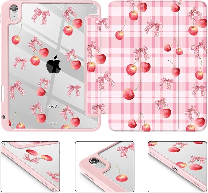 Case for iPad Air 11'' (M4 2026/M3 2025/M2 2024)/ iPad Air 10.9'' Air 5th /4th Gen Shockproof Cover with Clear Back Shell &amp Penceil Holder Auto Wake/Sleep Stand Cover Cherry Bow P704